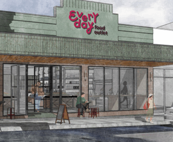 Architectural rendering of Everyday Foundation cafe building exterior with large storefront windows, signage, people walking, and a parked car.
