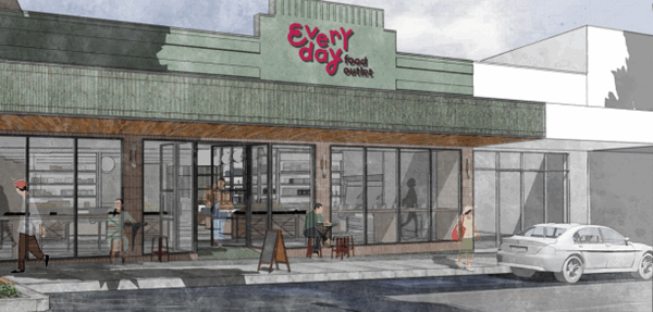 Architectural rendering of Everyday Foundation cafe building exterior with large storefront windows, signage, people walking, and a parked car.