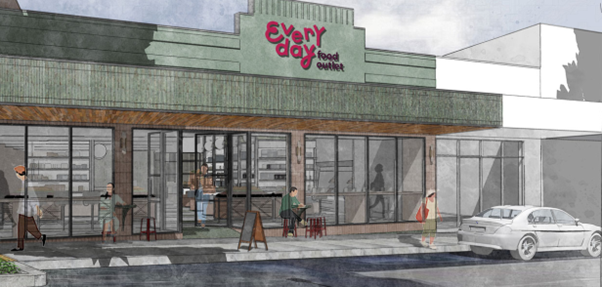 Architectural rendering of Everyday Foundation cafe building exterior with large storefront windows, signage, people walking, and a parked car.