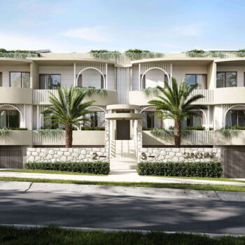 Architectural rendering of Sunshine Residences showing modern multi-level building with arches, palm trees, and landscaped entrance.