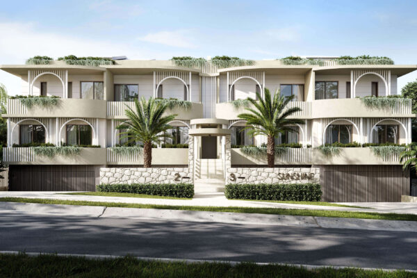 Architectural rendering of Sunshine Residences showing modern multi-level building with arches, palm trees, and landscaped entrance.