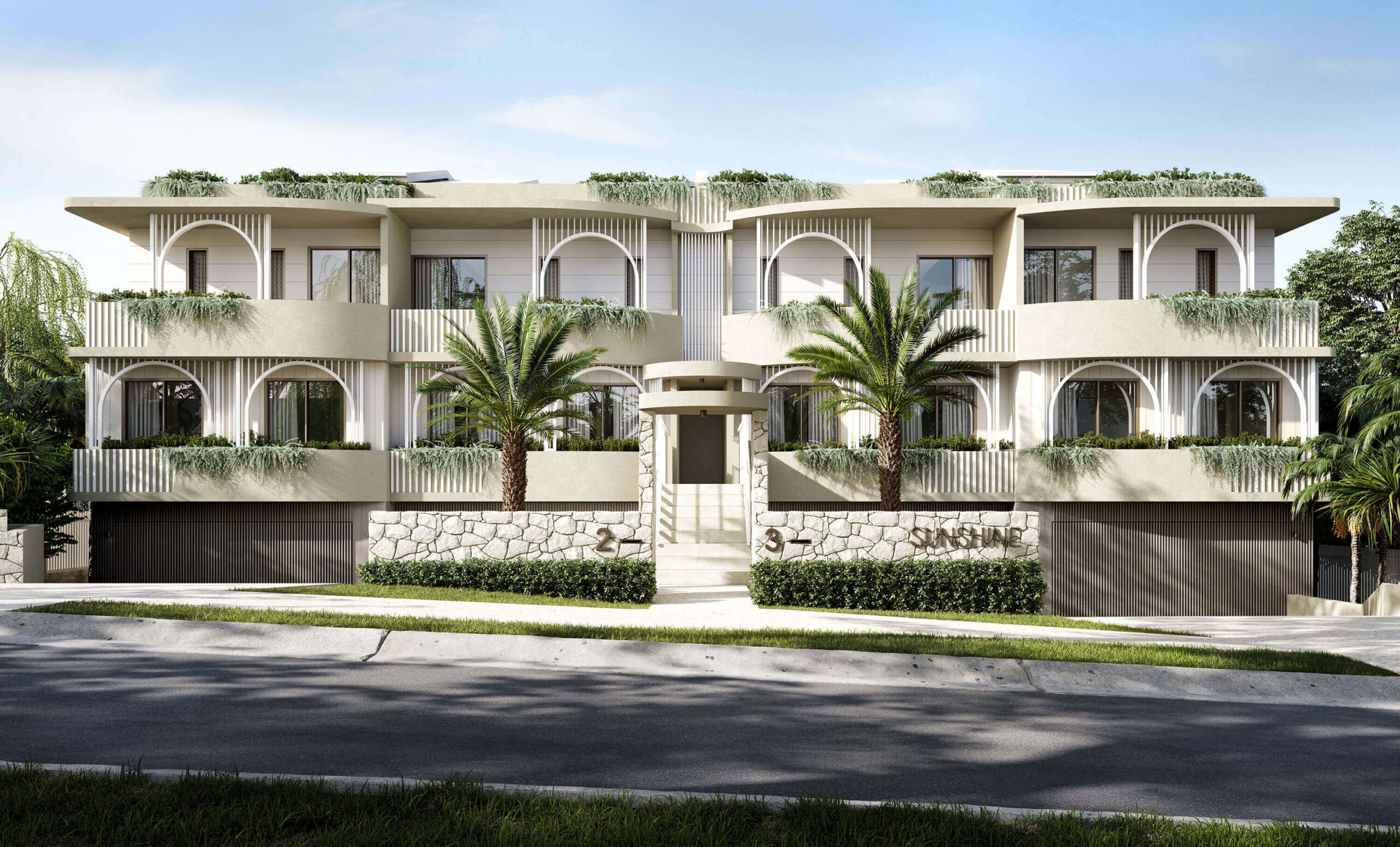 Architectural rendering of Sunshine Residences showing modern multi-level building with arches, palm trees, and landscaped entrance.